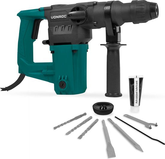 VONROC Boorhamer 1050W – 4,5 Joule – SDS plus – 3 Functies – Incl. 3 SDS-plus boren en 2 SDS-plus beitels