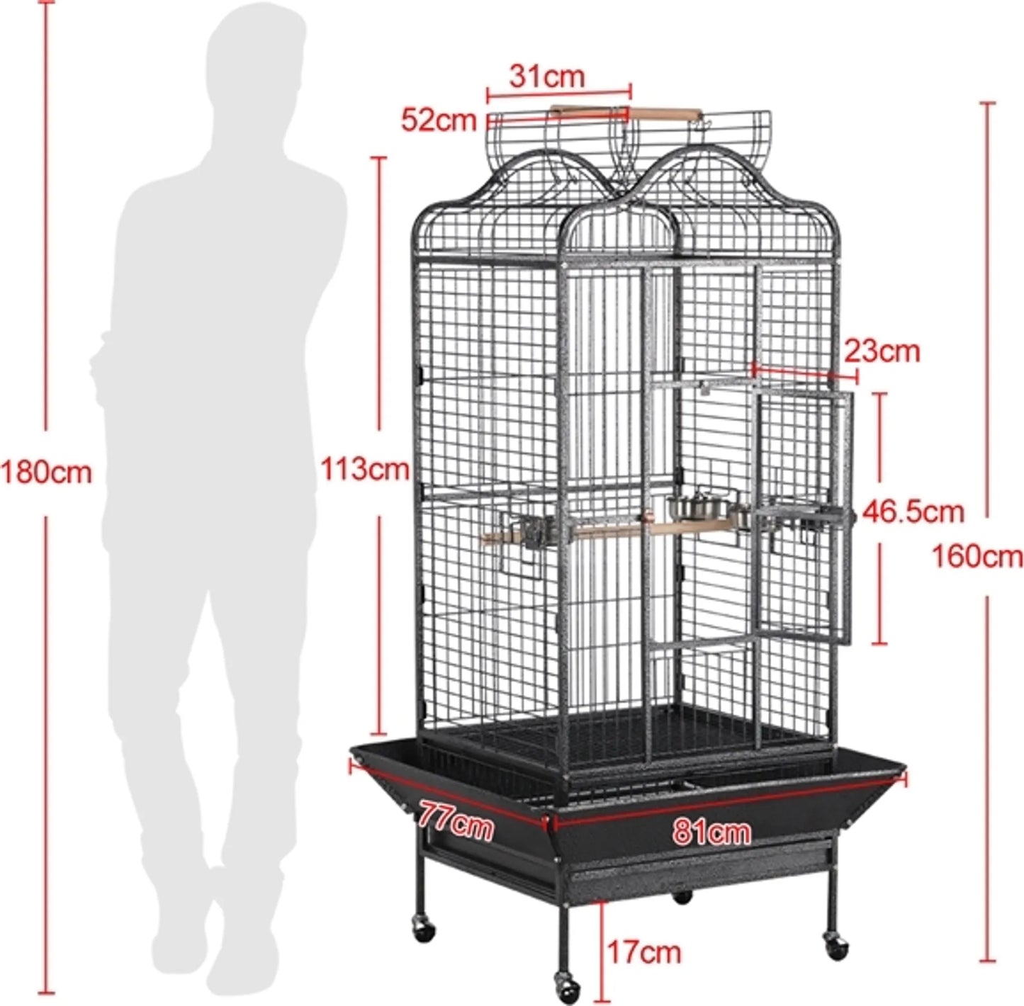 Yaheetech Vogelkooi Papegaaienkooi – 81 x 77 x 154-160 cm – Voorzien Van Openklapbaar Victoriaans Dak En Vuilopvangbak En Verrijdbaar Onderstel – Voor Papegaaien En Grote Vogels – Zwart Gehamerd Metaal