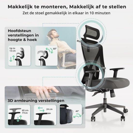 Backerz – Ergonomische Bureaustoel – 44-56 cm Zithoogte & EN1335 Gecertificeerd – Voorzien Van 3D Armleuningen En Verstelbare Lendensteun – Voor Kantoor En Gaming – Zwart Polypropeen En Mesh