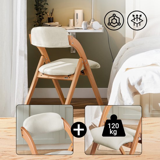 SoBuy Set van 2 Klapstoel, Bureaustoel met Gestoffeerd Zitkussen, Eetkamerstoel, Natuur/Wit, 47.5x77x59 cm, FST92-Wx2 - voor eetkamer, balkon of kantoor