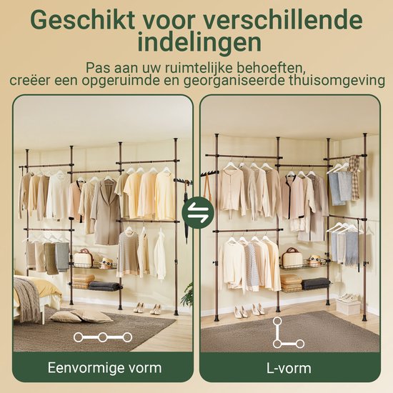 SoBuy Telescopisch Kledingrek - Verstelbare Open Garderobekast met Kledingstangen en Planken - Bruin, B(209–311) x H(200–295) cm, KLS04-II-BR, voor Slaapkamer, Inloopkast