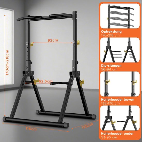 DH FitLife Opvouwbare Power Tower Dip Station | Vrijstaande optrekstang tot 150 kg met dipbars en haltersteunen | Krachtstation Krachttoren | Fitnessstation