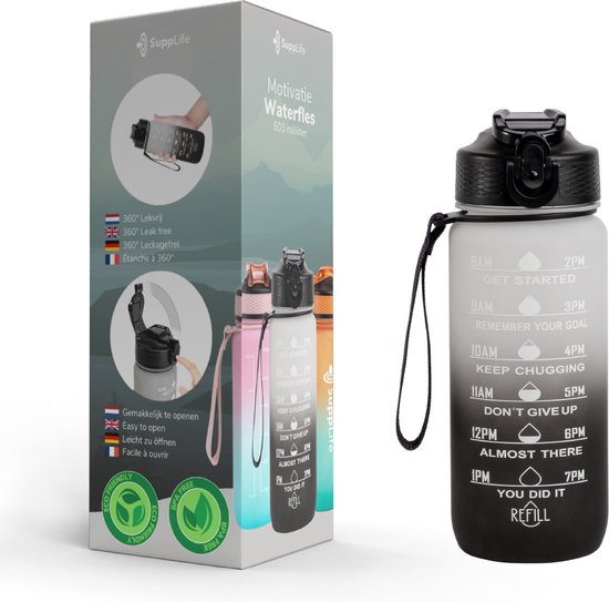 Supplife Motivatie Waterfles - 600 ml Drinkfles - Waterfles met Tijdmarkering - Met Rietje - Volwassenen - Kinderen - Wit Zwart