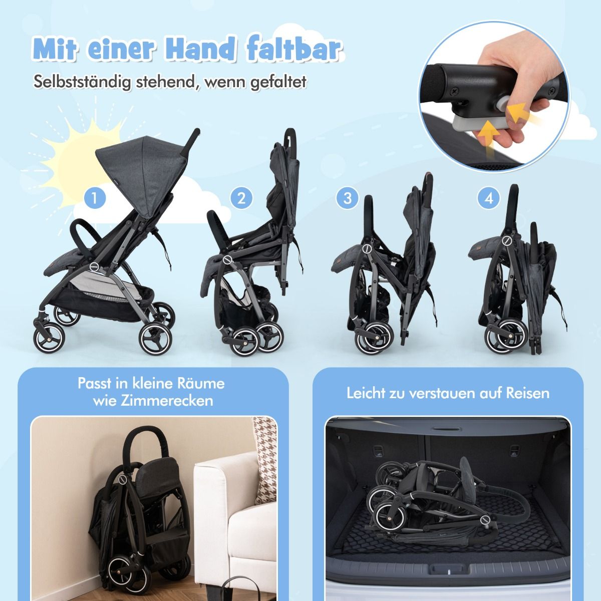 Coast Kinderwagen - lichtgewicht en inklapbaar - verstelbare rugleuning en zonnekap - grijs
