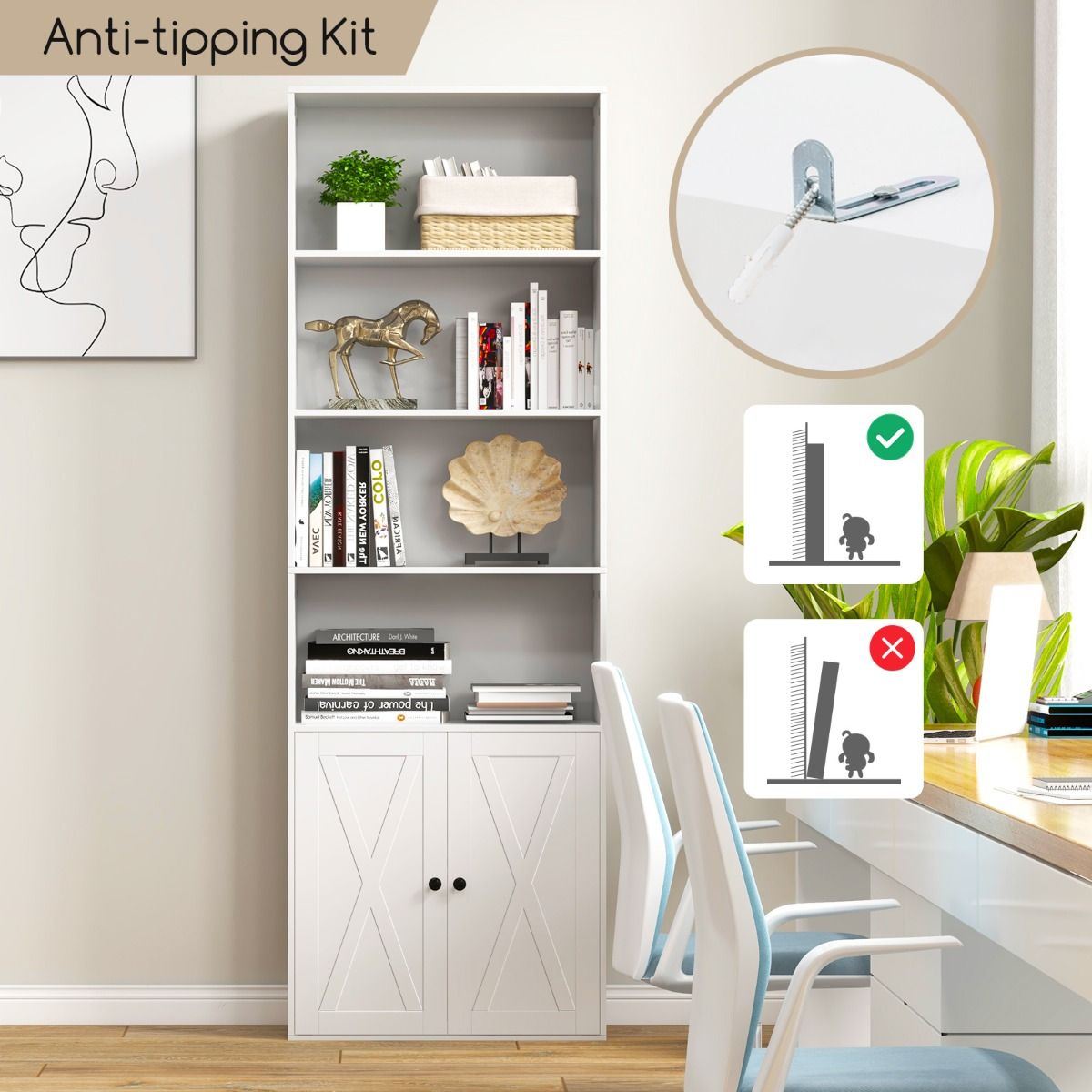 Coast Vrijstaande Boekenkast - 6 Planken - 2-Deurs - 60 x 24 x 180 cm - Wit