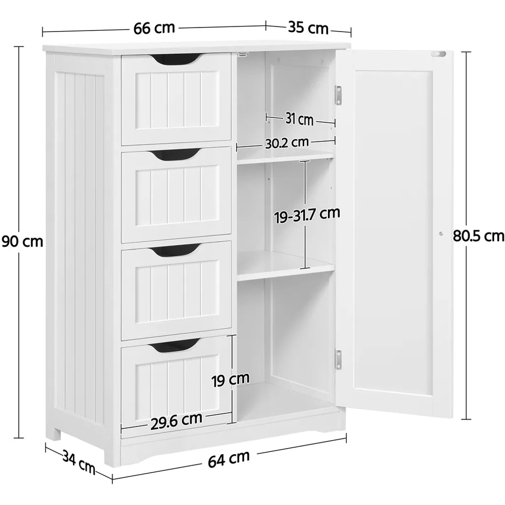 Yaheetech Badkamerkast met 4 Laden en Verstelbare Planken - Wit - 66 x 35 x 90 cm