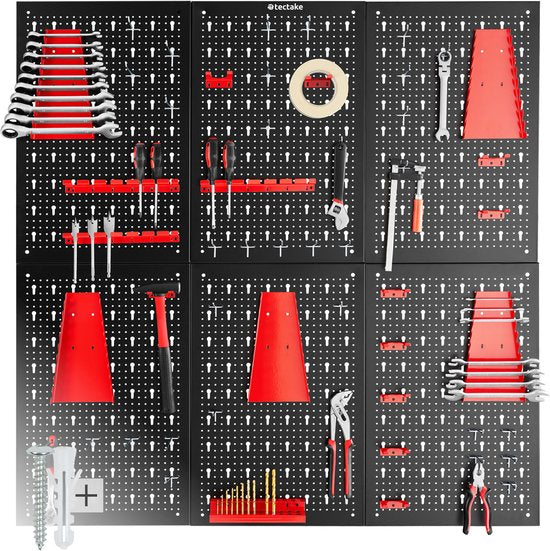 tectake® 6-delige Gereedschapswand van Metaal - 240 x 60 cm - Gepeforeerde Plaat - Gereedschapshouder set inclusief Haken - Wandrek systeem voor Werkbank, Garage, Gereedschap - Werkplaatsinrichting - Gereedschapsbord - Pegboard