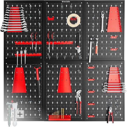 tectake® 6-delige Gereedschapswand van Metaal - 240 x 60 cm - Gepeforeerde Plaat - Gereedschapshouder set inclusief Haken - Wandrek systeem voor Werkbank, Garage, Gereedschap - Werkplaatsinrichting - Gereedschapsbord - Pegboard