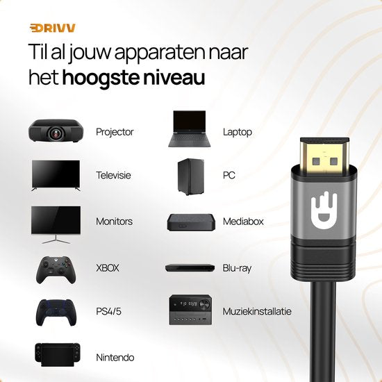 Drivv. Premium HDMI Kabel 2.0 - Ultra HD 4K 60Hz - HDMI naar HDMI - Geschikt voor gameconsoles - 10 meter - PVC - Grijs