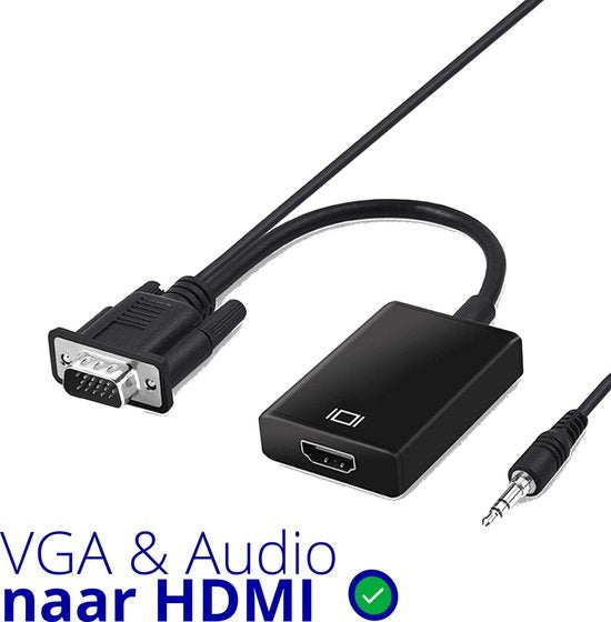 Techvavo® VGA (+ Audio) naar HDMI Adapter Converter Universeel - Met 3.5MM Jack Aux & USB Voeding Kabel - Analoog Naar Digitaal Video Omvormer - Male To Female - 1080P Full HD - inclusief USB voedingskabel