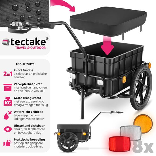 tectake® 2-in-1 fietskar - Bagagekar en duwwagen - Aanhangwagen voor fiets, mountainbikes en eBike - Transportwagen met trekhaak - Met zeildoek en luchtbanden - Belastbaar tot 50kg