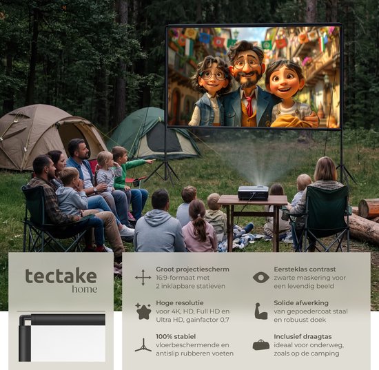 tectake® Beamer Scherm - 100 Inch (257 cm) - 16:9 Projectiescherm met Dubbel Statief - 4K HD - Oprolbaar - Uittrekbaar - Projectiedoek - Presentatiescherm - Home Cinema - Inclusief Draagtas