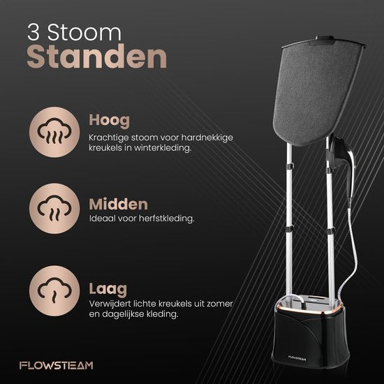FLOWSTEAM® PRO Kledingstomer - Handstomer - Stoomreiniger - Stoomapparaat Kleding - 150 Minuten Stomen - 2.5M Snoer - Zwart