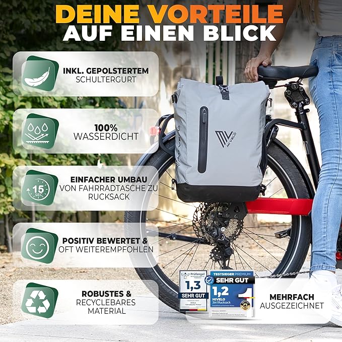 MIVELO - 3-in-1 Fietstas - Waterdicht TPU - 20L - Reflecterend - Grijs & Zwart