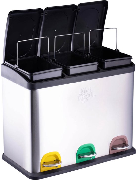 Dirt Devil - Pedaalemmer - 3x 15L - Prullenbak Afvalscheiding - RVS - Zilver