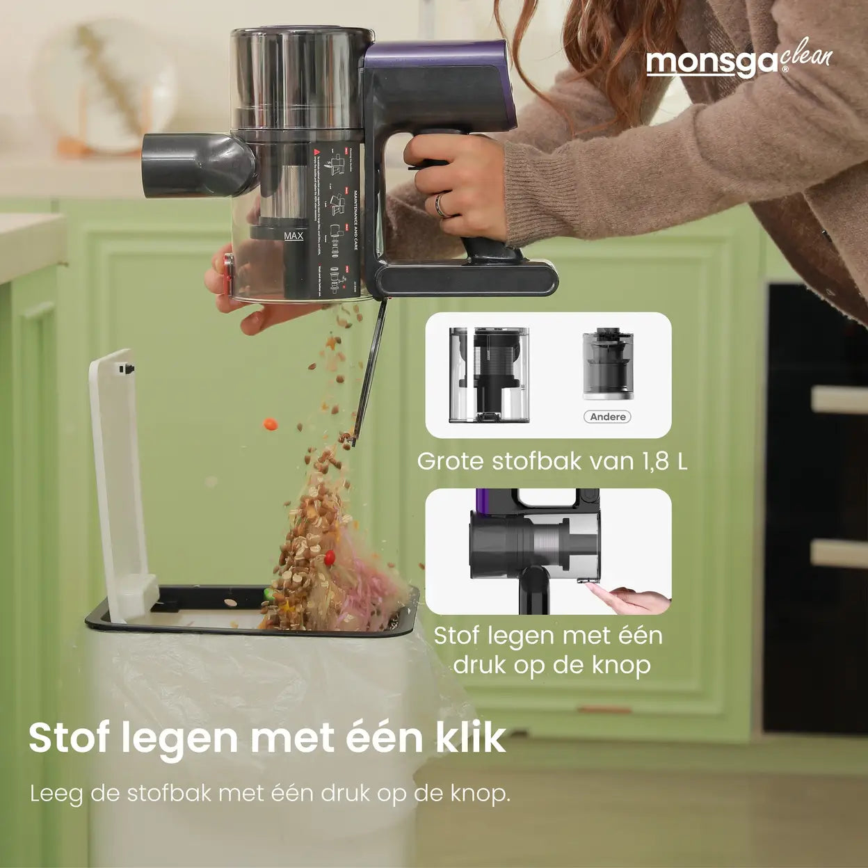 Monsga M100 Draadloze Steelstofzuiger 55.000 Pa - 45 Min Gebruiksduur - 1,8 L Stofreservoir - LED-touchdisplay - Anti-klit Borstel - Groen LED-licht