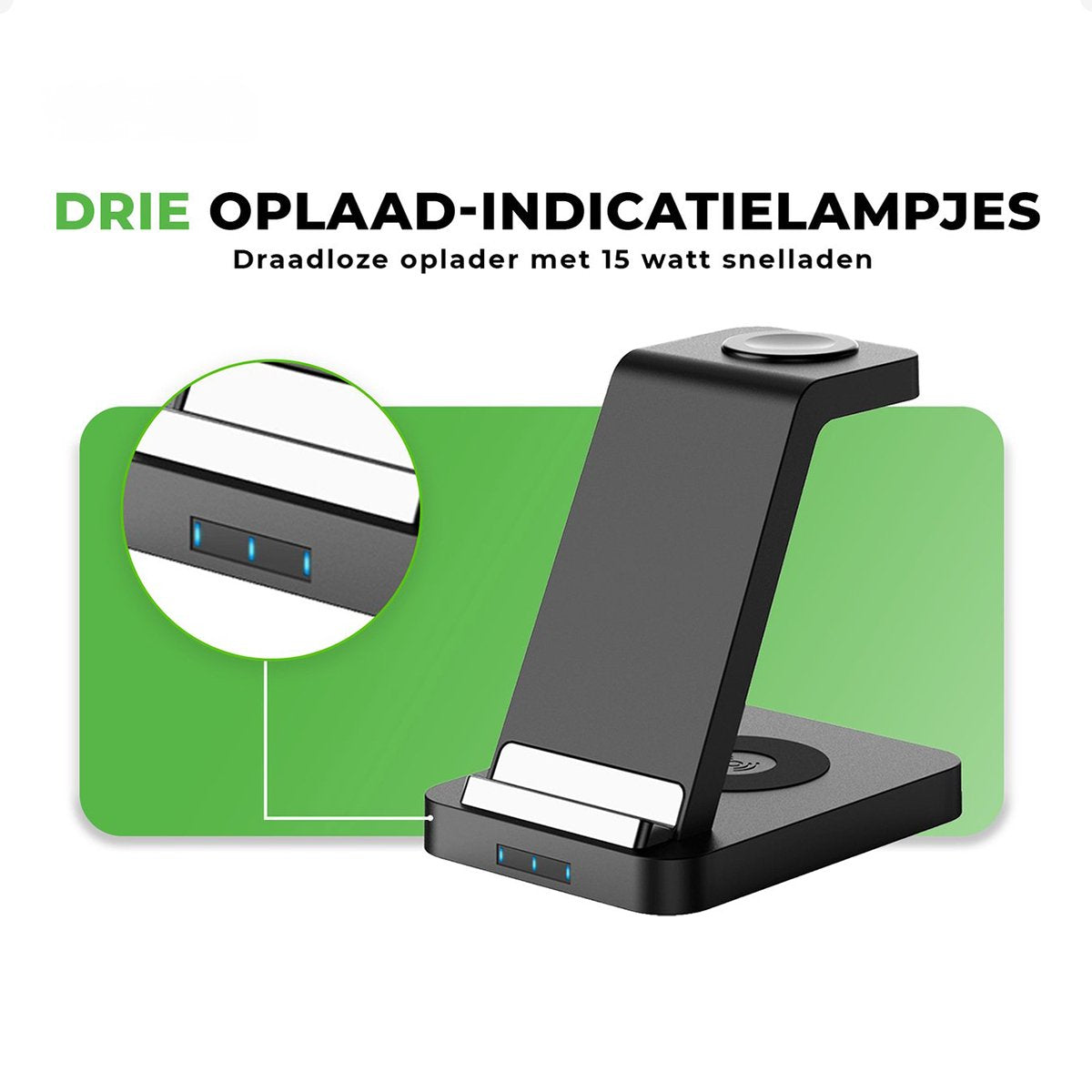 iSetchi Draadloos 3-in-1 Oplaadstation - LED-indicator - 15W Snelladen - Zwart