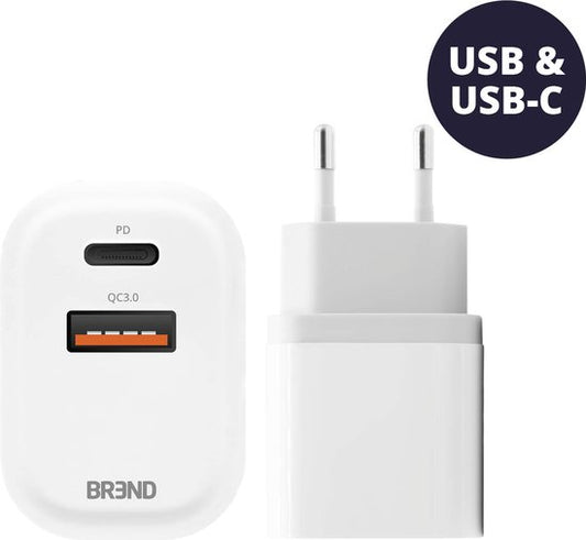 BREND BR-2212 Snellader met 2 Poorten - Power Charger – Snellaadadapter met USB en USB-C Aansluiting – Geschikt voor iPhone en Android - Wit
