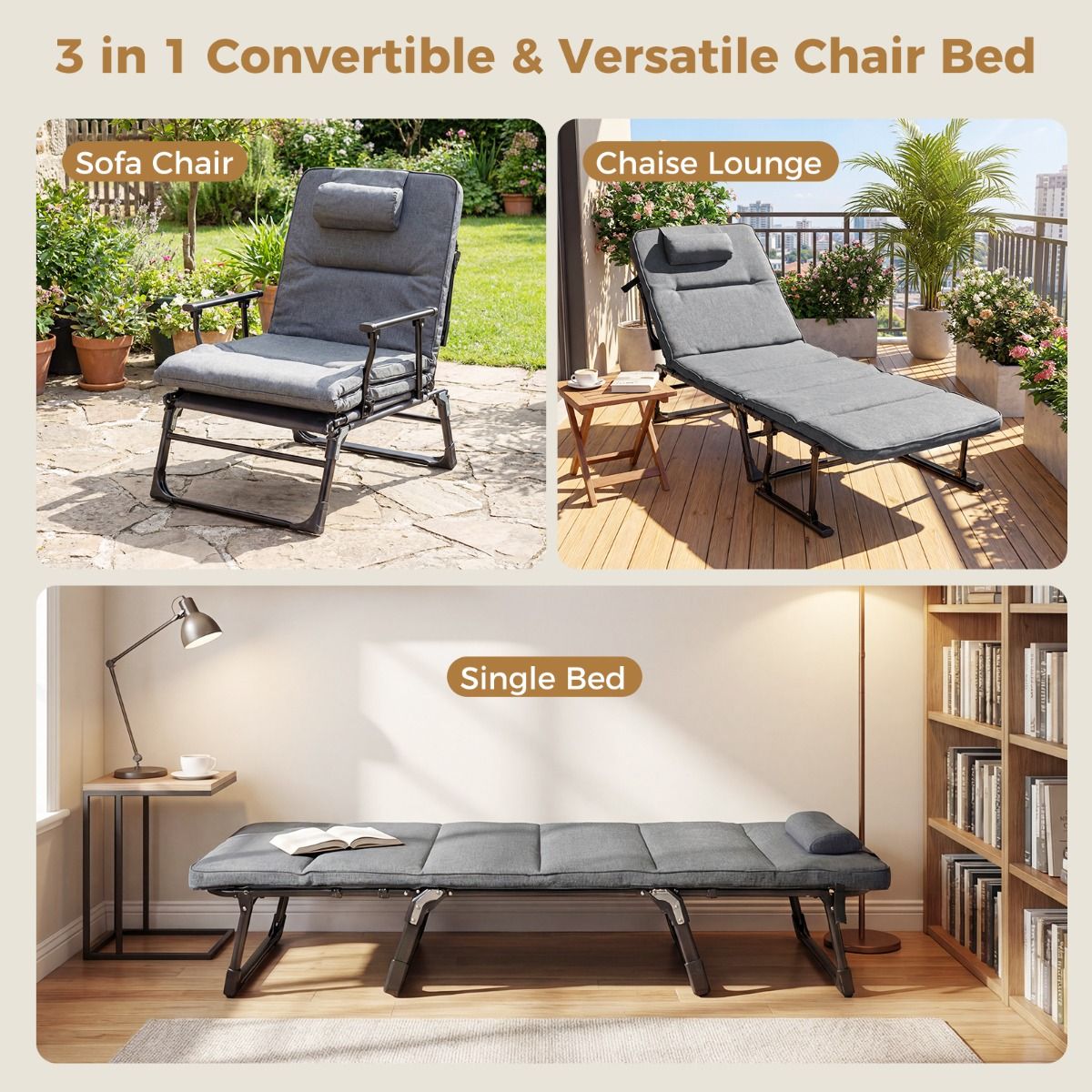 Coast Campingbed 3-in-1 Opvouwbaar Veldbed en Ligstoel - 6 standen - Grijs en Zwart