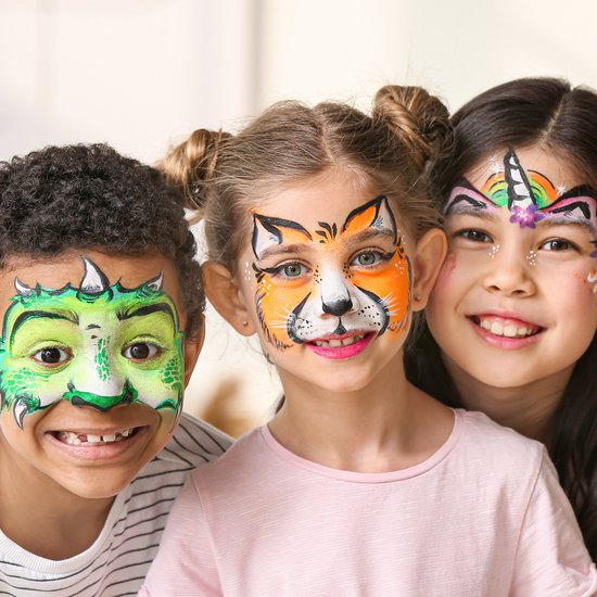 Partizzle Schminkset op Waterbasis - Schmink Boek en Sjabloon Set - Penselen, Sponsjes, Haarkrijt, Bio Glitters - Kerst Kinderen - 20 Kleuren