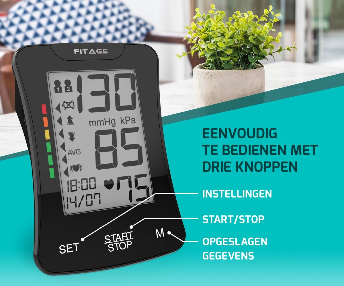 FITAGE Medische Bloeddrukmeter Bovenarm - Bloeddrukmeters - Hartslagmeter - Blood Pressure Monitor - Manchet 22-42cm