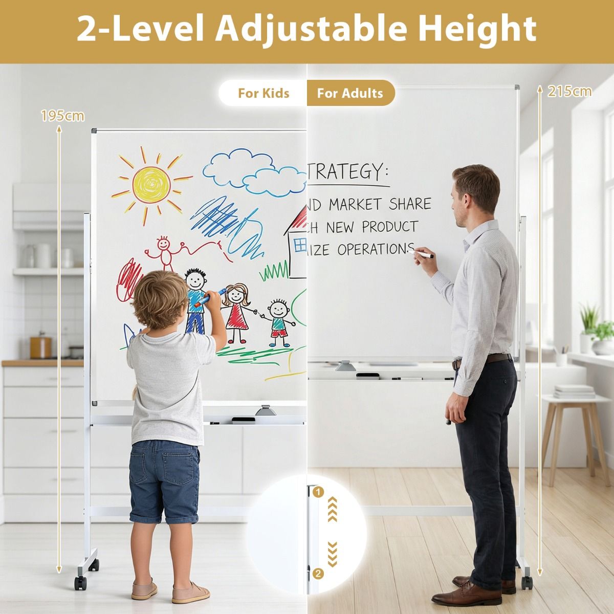 Coast Mobiel Whiteboard - Dubbelzijdig magnetisch bord - Verstelbare hoogte - Met wieltjes - Wit 150 x 120 cm