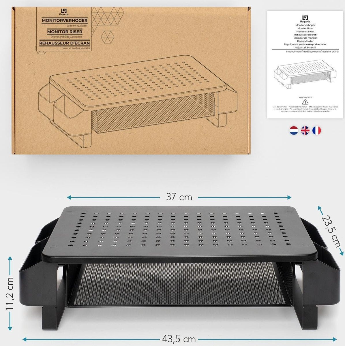 LifeGoods Monitorstandaard - Monitor Verhoger - Beeldscherm Verhoger - Verstelbaar - 37 x 23,5 x 10 cm - Metaal - Zwart