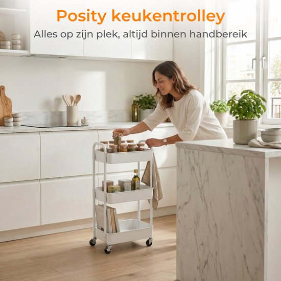 Posity Keukentrolley op wieltjes – Serveerwagen / Opbergtrolley / Keukenrek / Trolley Keuken – Verrijdbaar en Vast – 3 Lagen – Kunststof – Wit