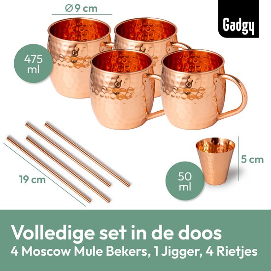Gadgy Moscow Mule Bekers 4-delige Set - 100% Koper - Cocktailset : 4 Cocktailglazen, 4 Rietjes & 1 Barmaatje - Cadeau voor Vrouw en Man