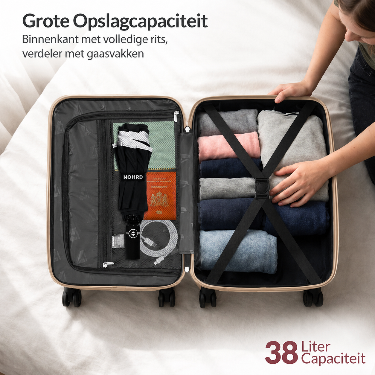 NOHRD Handbagage Koffer - 38 L - Champagne - Reiskoffer - 55x35x20 cm - Trolley - Lichtgewicht - Incl. Slot