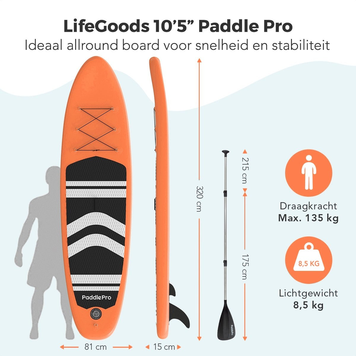 LifeGoods SUP Board - met Zitje - Opblaasbaar Paddle Board - Complete Set - Max. 135KG - 320x81cm - Oranje