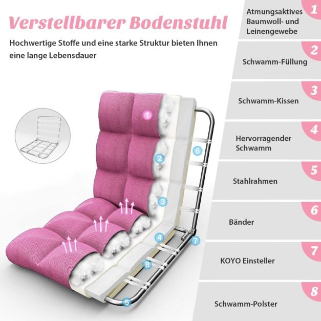 Coast Verstelbare Vloerstoel – 14 Rugstanden – 106,5 x 55,5 x 10 cm – Donkerroze