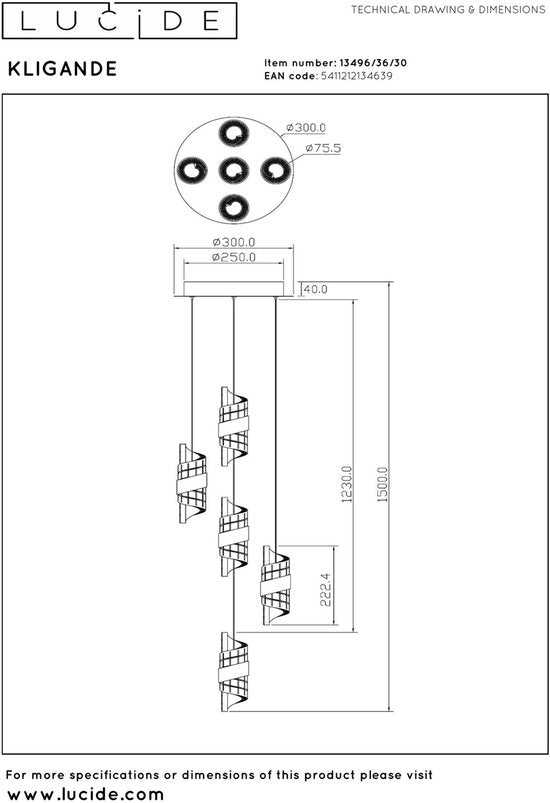Lucide KLIGANDE - Hanglamp - Ø 30 cm - LED Dimbaar - 5x8W 2700K - Zwart