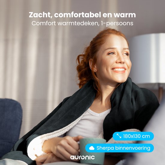 Auronic Elektrische Deken - Warmtedeken - Sherpa Fleece - 9 Hitte en Timerstanden - Bovendeken - 180x130 - 1 persoons - Antraciet