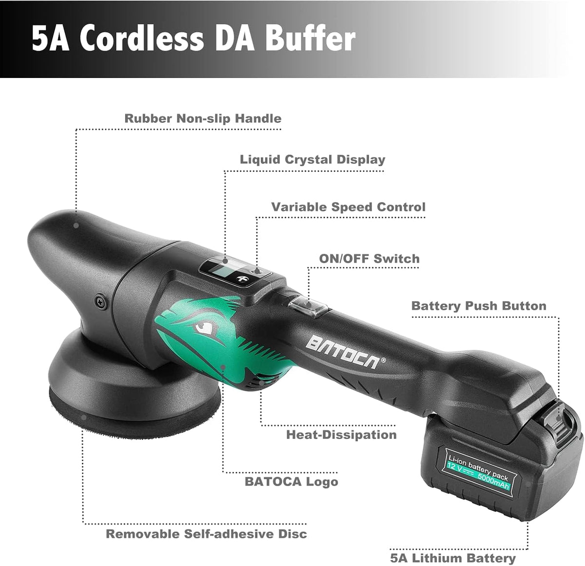 BATOCA S2 Accu Polijstmachine - 2000-4500 RPM - 8 mm Excentrisch - 125 mm - 2 x 5000 mAh Accu