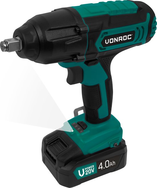 VONROC Accu slagmoersleutel 20V – 4 standen: 100/200/300/400Nm - Incl. 4 moerdoppen – geschikt voor het verwisselen van wielbouten en -moeren - Incl. 4.0Ah Accu en snellader
