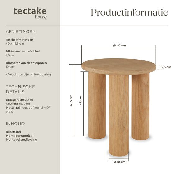 tectake® Ronde Bijzettafel Sisi - Ø 40 x 45,5 cm - Massief Houten Poten - Koffietafel - Bedtafel - Rond Tafeltje met Antislip Vloerbeschermers