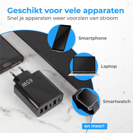 Nuvance - USB Adapter - 5 Poorten - USB Stekker - USB Oplader - Geschikt voor iedere USB Kabel - Zwart