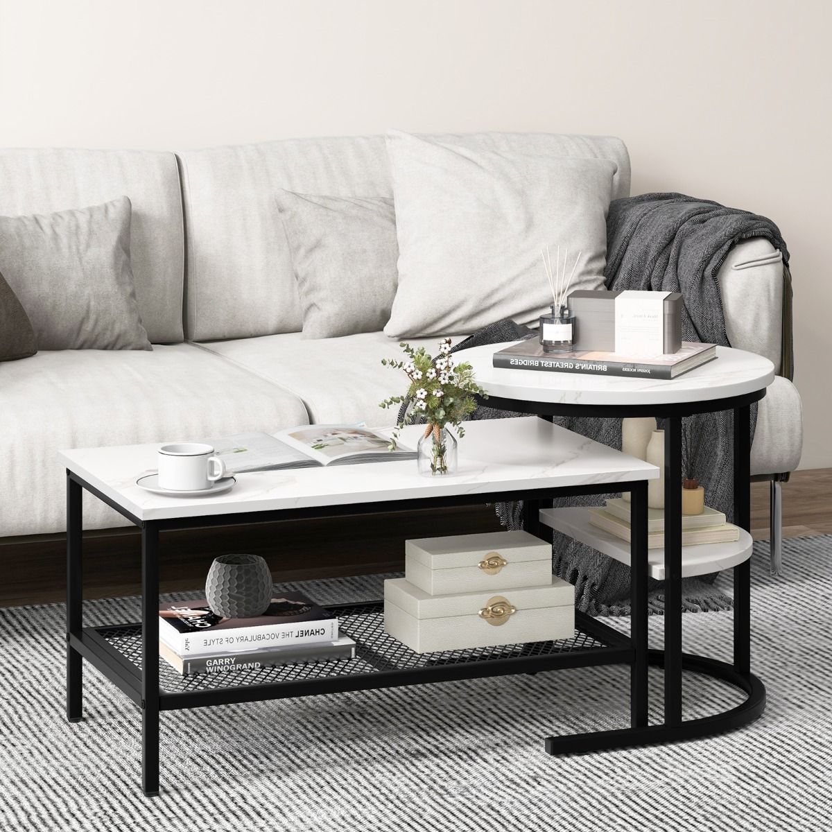 Coast Bijzettafelset - salontafel en bijzettafel - marmerlook tafelblad - zwart en wit