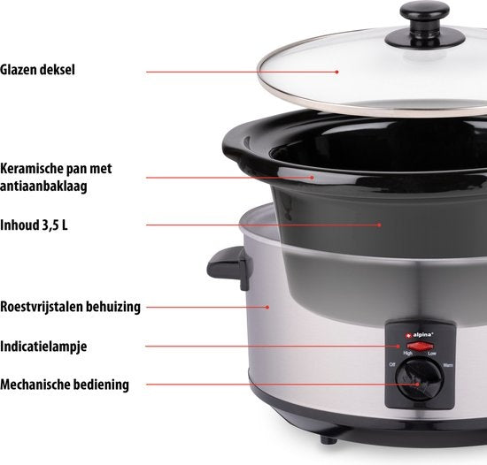 Alpina Slowcooker - 3.5 Liter - Keramische Binnenpan - 3 Warmtestanden - RVS