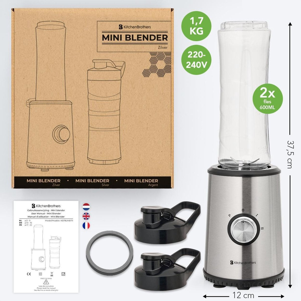 KitchenBrothers Mini Blender - Smoothie Maker - 2 To-Go Bekers - 350W - RVS
