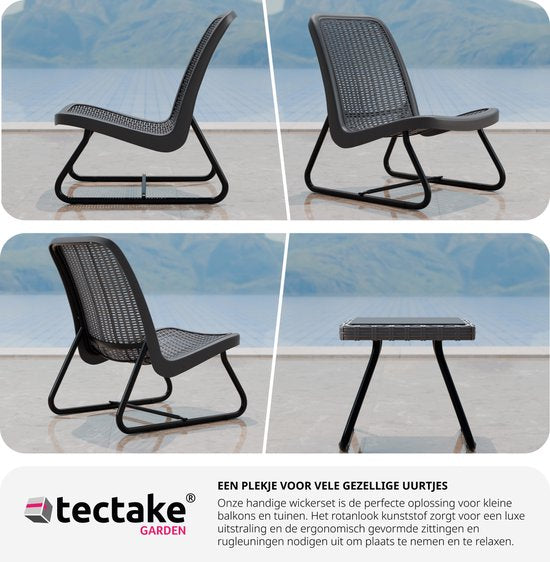 tectake® - Tuinmeubelset voor 2 personen - Buitenmeubels weerbestendig voor balkon - Tuinloungeset - Terrasmeubilair - Zitgroep met 2x loungestoelen en 1x tuintafel bijzettafel - rotan look - grijs