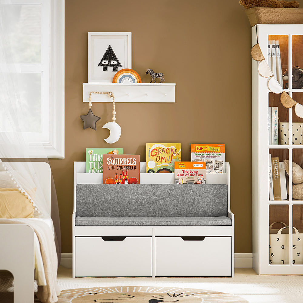 SoBuy Kinderopbergbank met boekenkast - 2 Lades - Max. 120 kg - 100 x  45 x 70 cm - Wit / Grijs