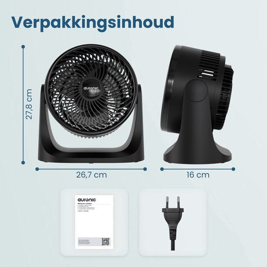 Auronic Tafelventilator - 3 Snelheden - Mini Ventilator - Vloerventilator - Muurmontage mogelijk - 41db - 90° Oscillatie - 7 Meter Luchtstroom - Zwart