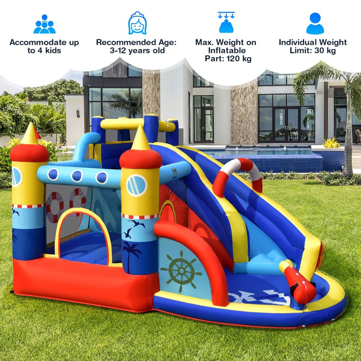 Coast Opblaasbaar Speelkasteel Piratenschip - 5-in-1 Waterpark met Glijbaan en Klimwand - Inclusief Waterpistool en Ventilator - 360 x 290 x 200 cm