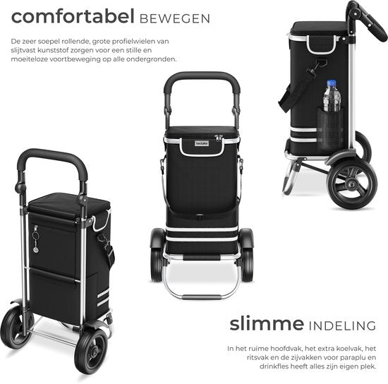 tectake® 3-in-1 Boodschappentrolley met Koelvak - Opvouwbaar - 56L Inhoud - Boodschappenwagen - Boodschappenkar - Ook als Steekwagen en Boodschappentas - Met Sleutelhanger en Winkelwagenmunt - Zwart