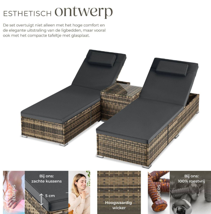 Tectake Wicker Tweepersoons Ligbed Carbonera - Natuur - 62 x 196 x 36 cm - Set van 2, met Bijzettafel