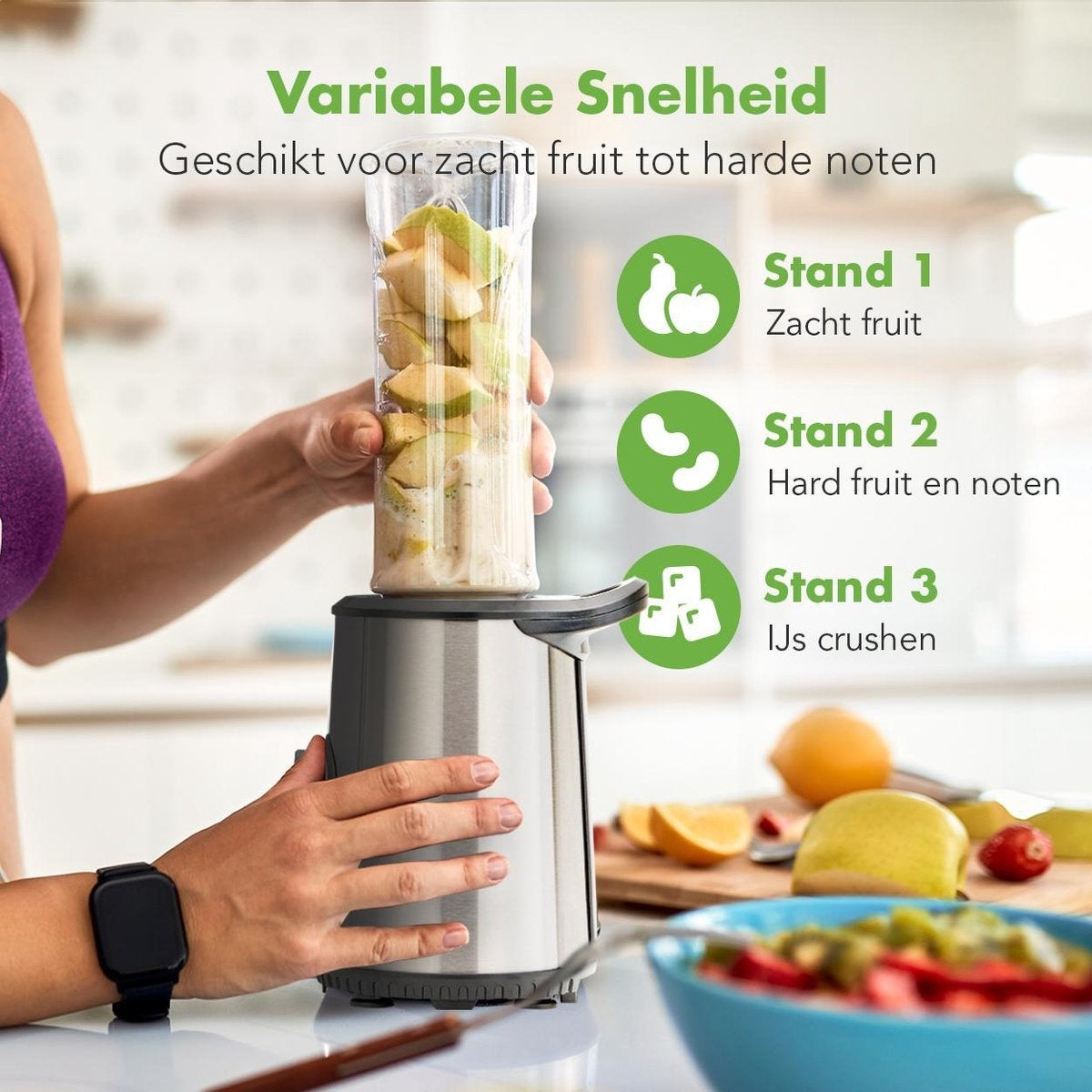 KitchenBrothers Mini Blender - Smoothie Maker - 2 To-Go Bekers - 350W - RVS
