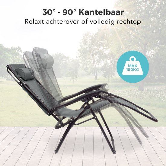 LifeGoods Opvouwbare Tuinstoelen - Verstelbaar Zonnescherm - Ligstoel Tuin - 2 Stuks - 30°-90° Verstelbaar - Metaal - Donkergrijs
