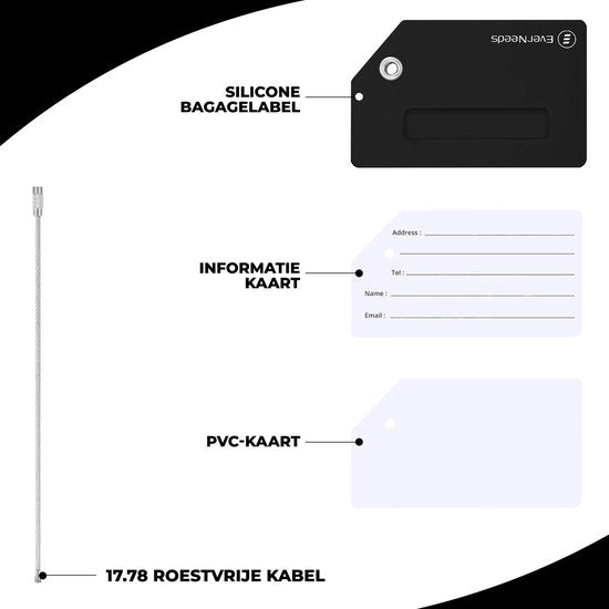 EverNeeds Bagagelabel - Siliconen - Zwart - 5 Stuks -